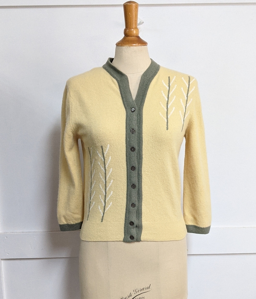 Vintage 1960s Angora Blend Cardigan Green/Yellow S